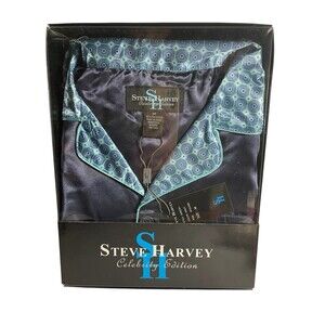 Steve Harvey Satin Pajama Set Men's Medium Navy Blue /Teal Celebrity Edition New